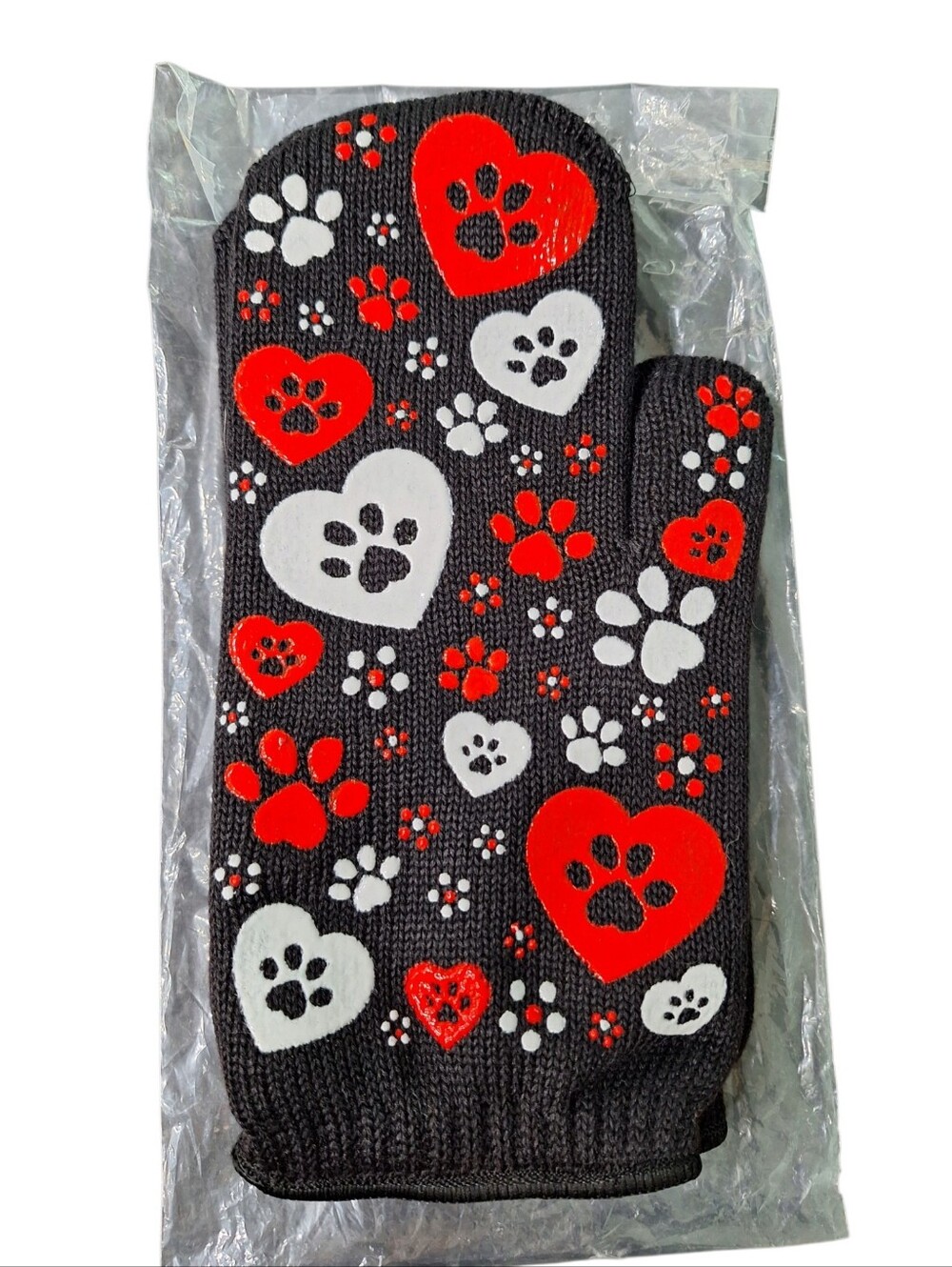 Temptations Temp-Tations Pawfetti Oven Mitts Set of 2 Black Red White Paw Hearts
